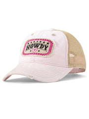 Ariat A300084624 Womens Howdy Distressed Patch Cap Light Pink side front view. If you need any assistance with this item or the purchase of this item please call us at five six one seven four eight eight eight zero one Monday through Saturday 10:00a.m EST to 8:00 p.m EST