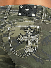 Miss Me M9522SWV Womens Mid Rise Wide Leg Jean Green Camo back pocket close up view. If you need any assistance with this item or the purchase of this item please call us at five six one seven four eight eight eight zero one Monday through Saturday 10:00a.m EST to 8:00 p.m EST