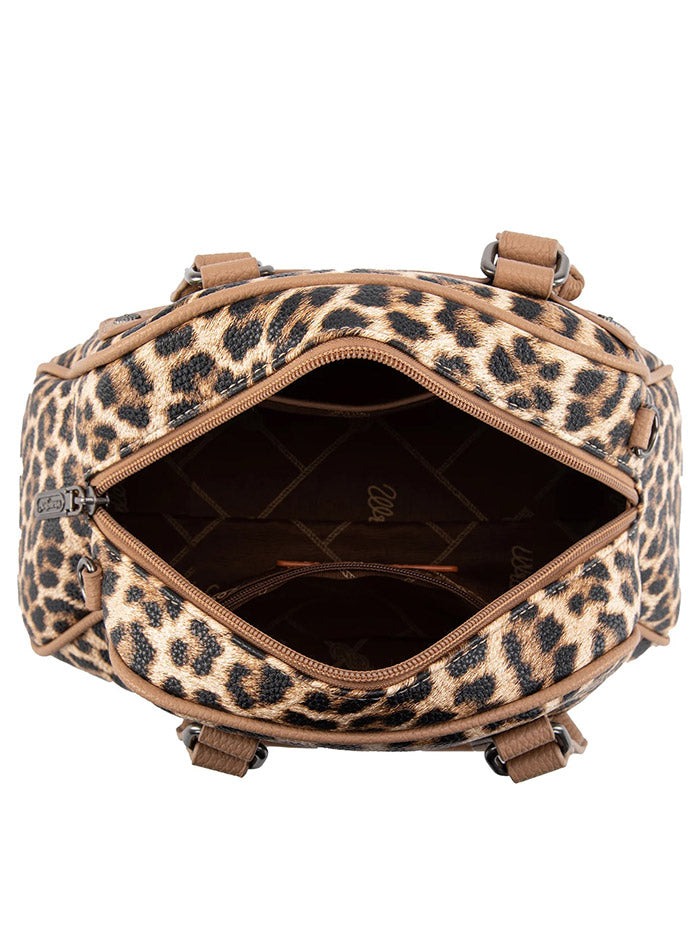 Wrangler WG399-5112BRLP Womens Leopard Print Satchel/Crossbody Bag Brown front view. If you need any assistance with this item or the purchase of this item please call us at five six one seven four eight eight eight zero one Monday through Saturday 10:00a.m EST to 8:00 p.m EST