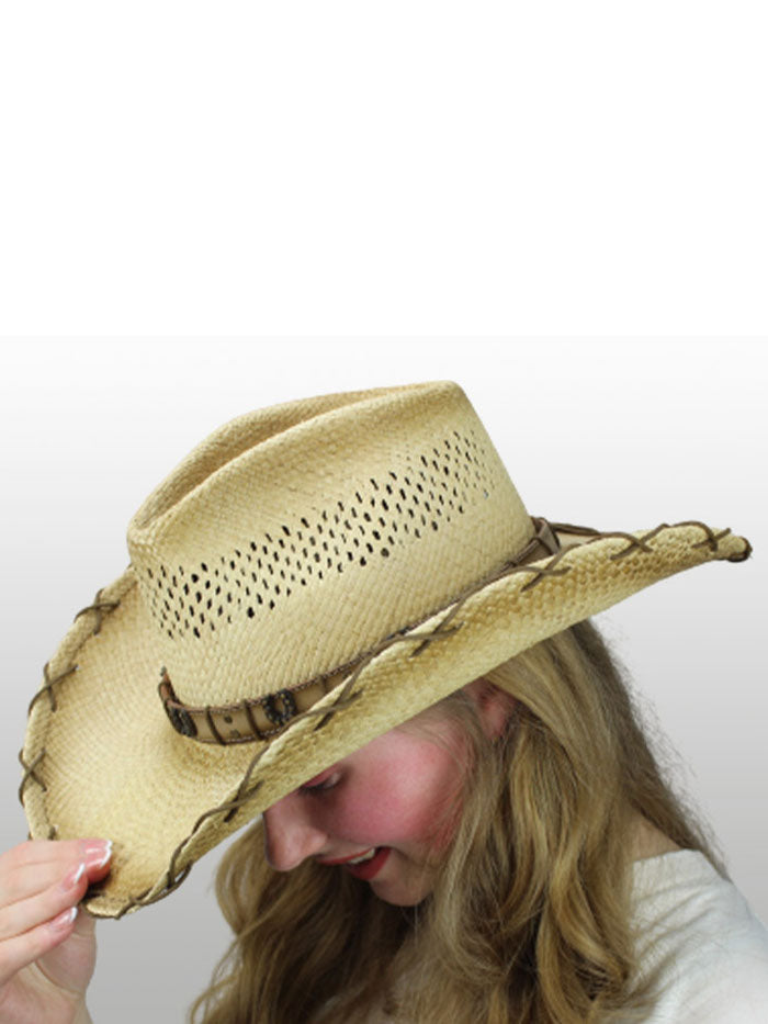 Dallas Hats HORSE SHOE 1 Hand Braided Straw Hat Natural side view on model. If you need any assistance with this item or the purchase of this item please call us at five six one seven four eight eight eight zero one Monday through Saturday 10:00a.m EST to 8:00 p.m EST