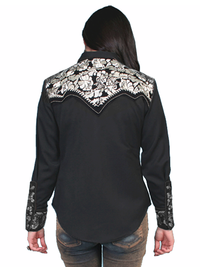 Scully PL-654-SIL Womens Floral Tooled Embroidery Western Shirt Silver front view. If you need any assistance with this item or the purchase of this item please call us at five six one seven four eight eight eight zero one Monday through Saturday 10:00a.m EST to 8:00 p.m EST
