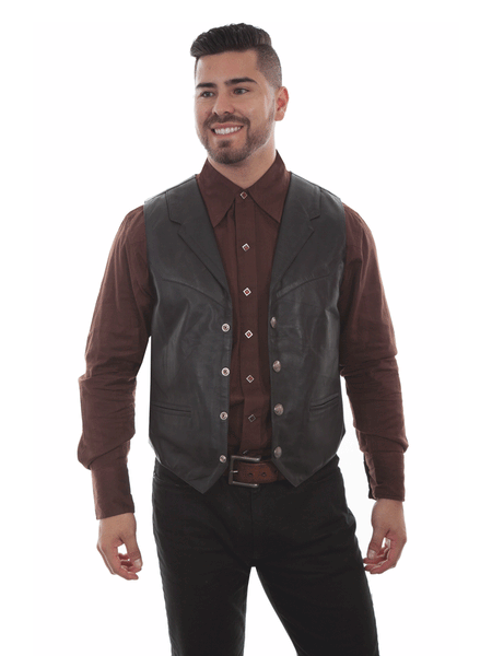 Scully 509-144 Mens Lapel Western Soft Touch Lamb Vest Black front view open. If you need any assistance with this item or the purchase of this item please call us at five six one seven four eight eight eight zero one Monday through Saturday 10:00a.m EST to 8:00 p.m EST