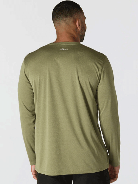Carhartt 106164-GL8 Mens Force Sun Defender Long Sleeve T-Shirt Dark Bronzed Green Heather back view. If you need any assistance with this item or the purchase of this item please call us at five six one seven four eight eight eight zero one Monday through Saturday 10:00a.m EST to 8:00 p.m EST
