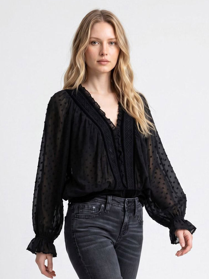 Miss Me MT8054L Womens Long Sleeve Sheer Top Black front view. If you need any assistance with this item or the purchase of this item please call us at five six one seven four eight eight eight zero one Monday through Saturday 10:00a.m EST to 8:00 p.m EST
