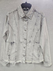 Miss Me MJ8012L Womens Embellished Wash Denim Shirt Silver Grey front view. If you need any assistance with this item or the purchase of this item please call us at five six one seven four eight eight eight zero one Monday through Saturday 10:00a.m EST to 8:00 p.m EST