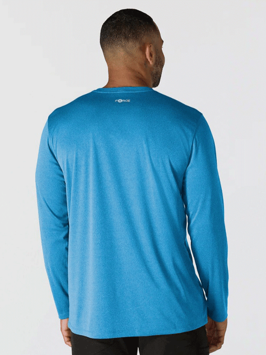 Carhartt 106164-HO7 Mens Force Sun Defender Long Sleeve T-Shirt Horizon Blue Heather back view. If you need any assistance with this item or the purchase of this item please call us at five six one seven four eight eight eight zero one Monday through Saturday 10:00a.m EST to 8:00 p.m EST