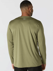 Carhartt 106164-GL8 Mens Force Sun Defender Long Sleeve T-Shirt Dark Bronzed Green Heather back view. If you need any assistance with this item or the purchase of this item please call us at five six one seven four eight eight eight zero one Monday through Saturday 10:00a.m EST to 8:00 p.m EST
