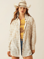 Ariat 10060393 Womens Poppy Summer Overshirt Shirt Comic Toile Natural front view open. If you need any assistance with this item or the purchase of this item please call us at five six one seven four eight eight eight zero one Monday through Saturday 10:00a.m EST to 8:00 p.m EST
