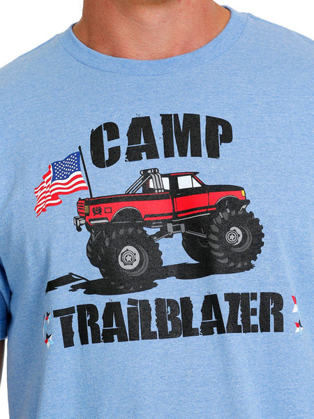 Cinch MTT1690517 Mens Trailblazer Patriot Truck Tee Light Blue close up. If you need any assistance with this item or the purchase of this item please call us at five six one seven four eight eight eight zero one Monday through Saturday 10:00a.m EST to 8:00 p.m EST
