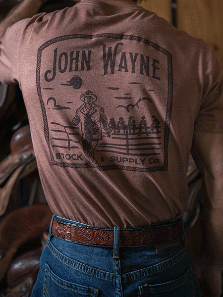 Hooey HT1647LTBR Mens John Wayne Crew Neck T-Shirt Brown back view on model. If you need any assistance with this item or the purchase of this item please call us at five six one seven four eight eight eight zero one Monday through Saturday 10:00a.m EST to 8:00 p.m EST