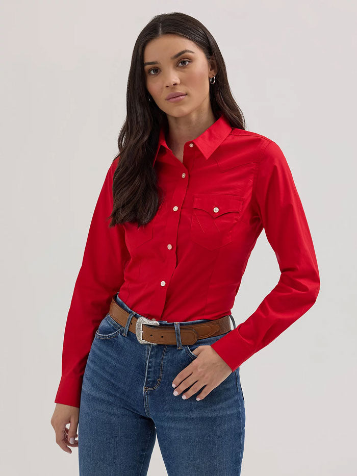 Wrangler 112358017 Womens Western Button Down Shirt Red –