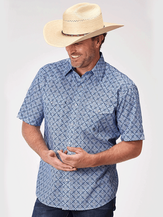 Roper 03-002-0225-2024 Mens Blue Skies Tie Print Short Sleeve Shirt Blue front view. If you need any assistance with this item or the purchase of this item please call us at five six one seven four eight eight eight zero one Monday through Saturday 10:00a.m EST to 8:00 p.m EST