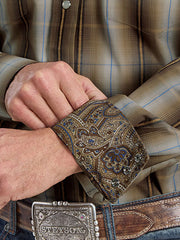 Stetson 11-001-0478-1030 Mens Sand Dobby Plaid Long Sleeve Shirt Dark Khaki Brown close up. If you need any assistance with this item or the purchase of this item please call us at five six one seven four eight eight eight zero one Monday through Saturday 10:00a.m EST to 8:00 p.m EST