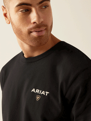 Ariat 10052018 Mens American Rancher T-Shirt Black front close up view. If you need any assistance with this item or the purchase of this item please call us at five six one seven four eight eight eight zero one Monday through Saturday 10:00a.m EST to 8:00 p.m EST