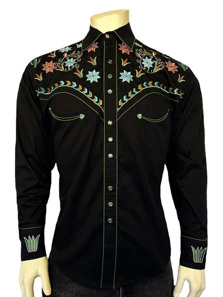 Rockmount 6865-BLK Mens Agave Cactus Black Floral Embroidery Western Shirt Black front view. If you need any assistance with this item or the purchase of this item please call us at five six one seven four eight eight eight zero one Monday through Saturday 10:00a.m EST to 8:00 p.m EST