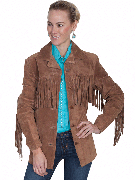 Scully L74-81 Womens Suede Fringe Jacket Cinnamon Brown front view. If you need any assistance with this item or the purchase of this item please call us at five six one seven four eight eight eight zero one Monday through Saturday 10:00a.m EST to 8:00 p.m EST