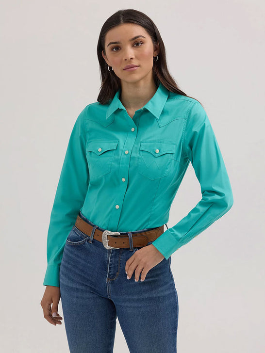 Wrangler 112358060 Womens Western Button Down Shirt Turquoise front view. If you need any assistance with this item or the purchase of this item please call us at five six one seven four eight eight eight zero one Monday through Saturday 10:00a.m EST to 8:00 p.m EST