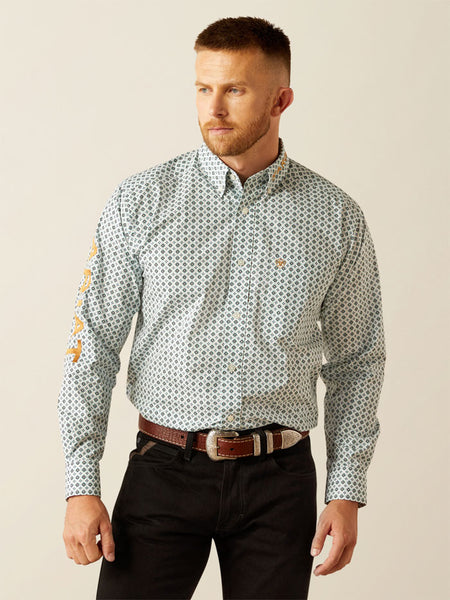 Ariat 10058962 Mens Team Franklin Classic Fit Shirt Brown Light Blue front view. If you need any assistance with this item or the purchase of this item please call us at five six one seven four eight eight eight zero one Monday through Saturday 10:00a.m EST to 8:00 p.m EST