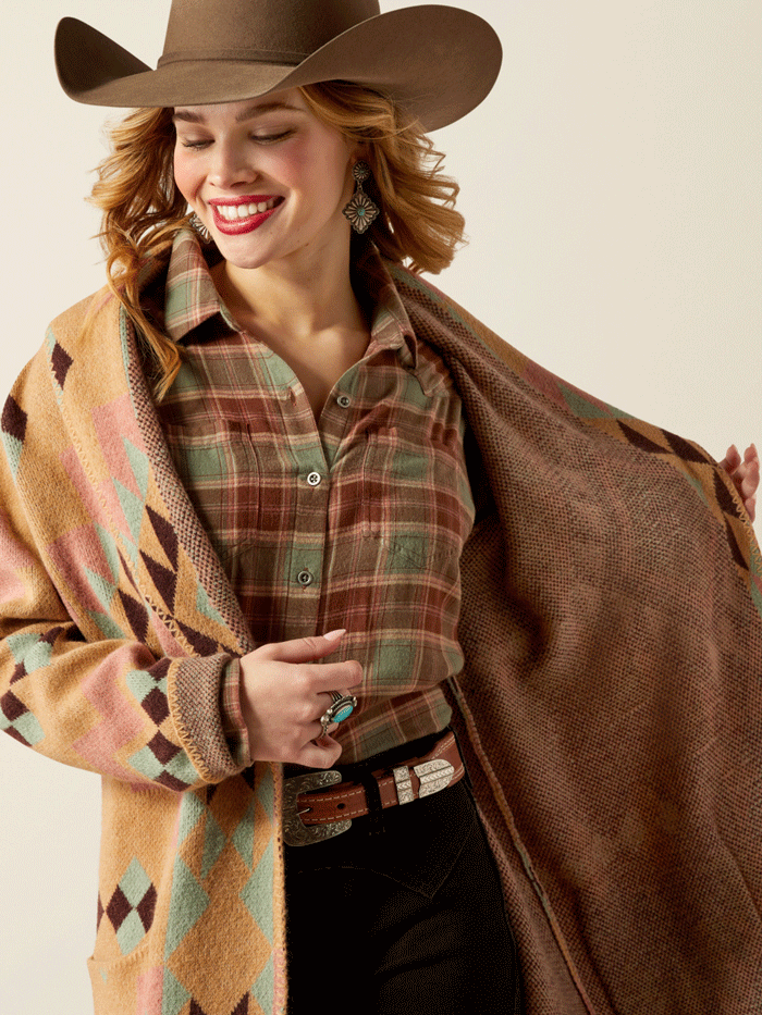 Ariat 10053982 Womens Sunset Chic Blanket Coat Spark Geo Jacquard Tan front. If you need any assistance with this item or the purchase of this item please call us at five six one seven four eight eight eight zero one Monday through Saturday 10:00a.m EST to 8:00 p.m EST