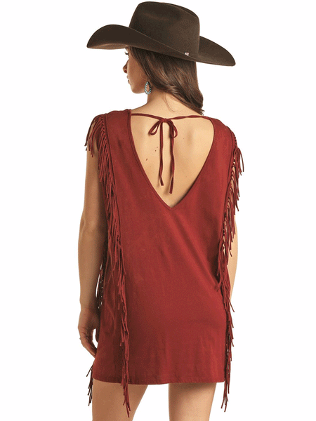 Rock & Roll Denim BWD0R02688 Womens Desert Rodeo Graphic Fringe Dress Burgundy back view. If you need any assistance with this item or the purchase of this item please call us at five six one seven four eight eight eight zero one Monday through Saturday 10:00a.m EST to 8:00 p.m EST
