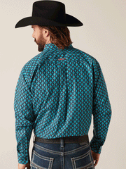 Ariat 10047349 Mens Team Case Classic Fit Shirt Black Teal back view. If you need any assistance with this item or the purchase of this item please call us at five six one seven four eight eight eight zero one Monday through Saturday 10:00a.m EST to 8:00 p.m EST