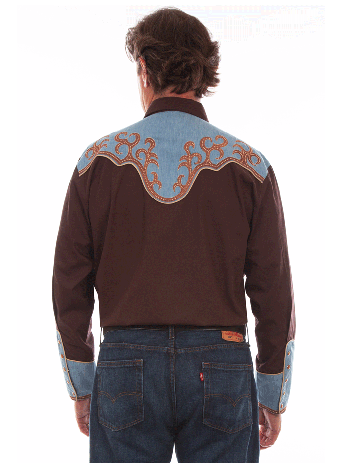 Scully P-913-BRN Mens Embroidered Western Shirt Brown front view. If you need any assistance with this item or the purchase of this item please call us at five six one seven four eight eight eight zero one Monday through Saturday 10:00a.m EST to 8:00 p.m EST