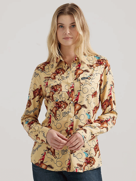 Wrangler 112356642 Womens Saddle Up Retro Western Shirt Tan front. If you need any assistance with this item or the purchase of this item please call us at five six one seven four eight eight eight zero one Monday through Saturday 10:00a.m EST to 8:00 p.m EST