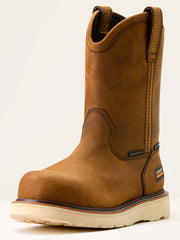 Ariat 10053613 Mens Rebar Wedge Pull-On Waterproof Composite Toe Work Boot Distressed Brown side / front view. If you need any assistance with this item or the purchase of this item please call us at five six one seven four eight eight eight zero one Monday through Saturday 10:00a.m EST to 8:00 p.m EST