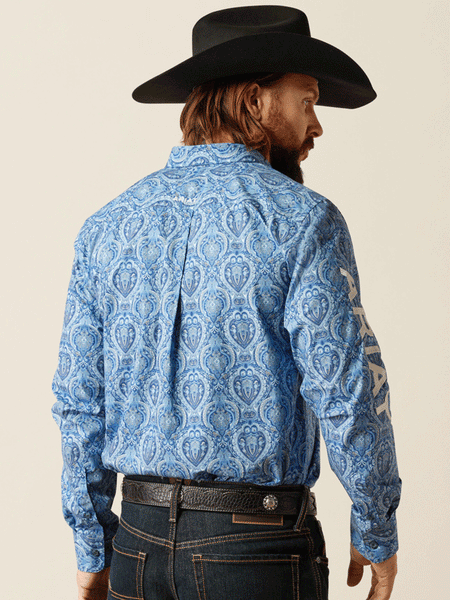 Ariat 10052627 Mens Team Kellan Fitted Shirt Blue back view. If you need any assistance with this item or the purchase of this item please call us at five six one seven four eight eight eight zero one Monday through Saturday 10:00a.m EST to 8:00 p.m EST