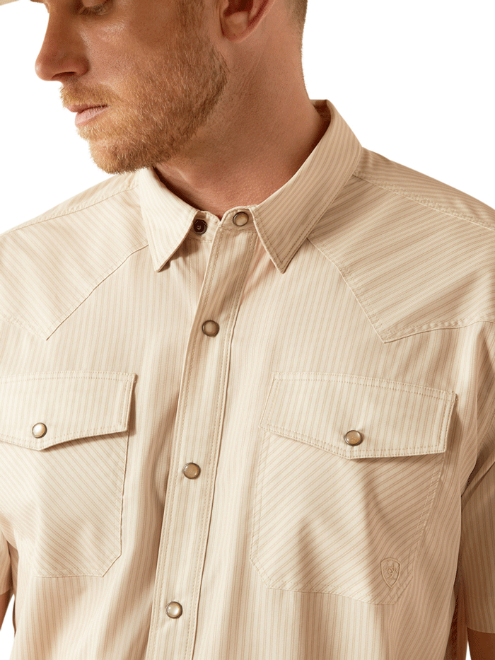 Ariat 10054479 Mens VentTEK Western Fitted Shirt Tan front view. If you need any assistance with this item or the purchase of this item please call us at five six one seven four eight eight eight zero one Monday through Saturday 10:00a.m EST to 8:00 p.m EST