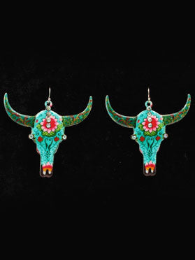 Ariat 30949 Womens Floral Cow Skull Blazin Roxx Earrings Multi Color front view. 