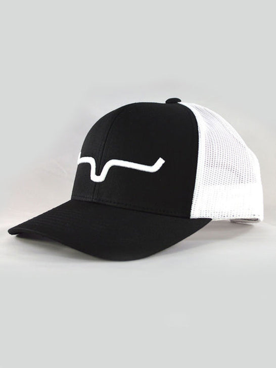 Kimes Ranch WEEKLY TRUCKER Cap Black And White side / front view. If you need any assistance with this item or the purchase of this item please call us at five six one seven four eight eight eight zero one Monday through Saturday 10:00a.m EST to 8:00 p.m EST