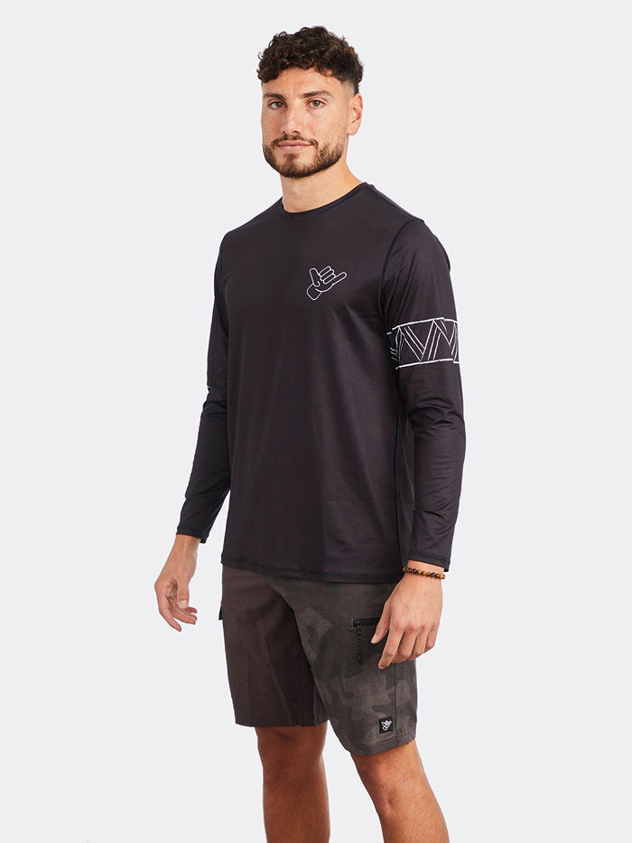 Shaka Kai Mens GET HOOKED Long Sleeve Performance Shirt Black back view. If you need any assistance with this item or the purchase of this item please call us at five six one seven four eight eight eight zero one Monday through Saturday 10:00a.m EST to 8:00 p.m EST