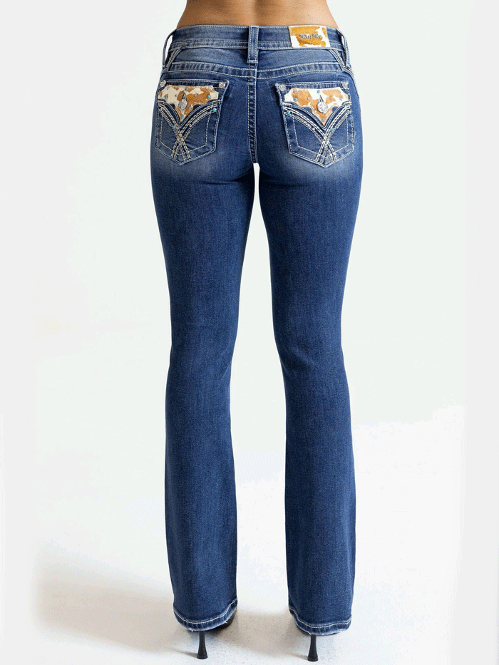 Miss Me M3444B117 Womens Mid Rise Boot Jean Medium Blue back pocket close up view. If you need any assistance with this item or the purchase of this item please call us at five six one seven four eight eight eight zero one Monday through Saturday 10:00a.m EST to 8:00 p.m EST
