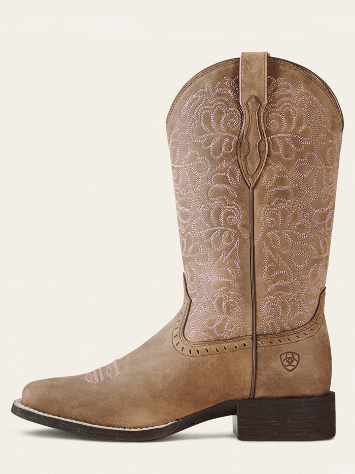 Ariat 10019906 Womens Round Up Remuda Western Boot Tan front and side view. If you need any assistance with this item or the purchase of this item please call us at five six one seven four eight eight eight zero one Monday through Saturday 10:00a.m EST to 8:00 p.m EST