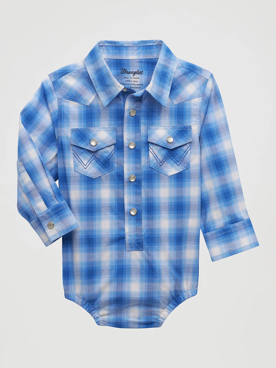 Wrangler 112355399 Infants Long Sleeve Western Bodysuit Arctic Blue front. If you need any assistance with this item or the purchase of this item please call us at five six one seven four eight eight eight zero one Monday through Saturday 10:00a.m EST to 8:00 p.m EST

