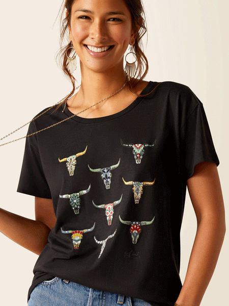 Ariat 10051441 Womens Deco Skulls T-Shirt Black front view. If you need any assistance with this item or the purchase of this item please call us at five six one seven four eight eight eight zero one Monday through Saturday 10:00a.m EST to 8:00 p.m EST