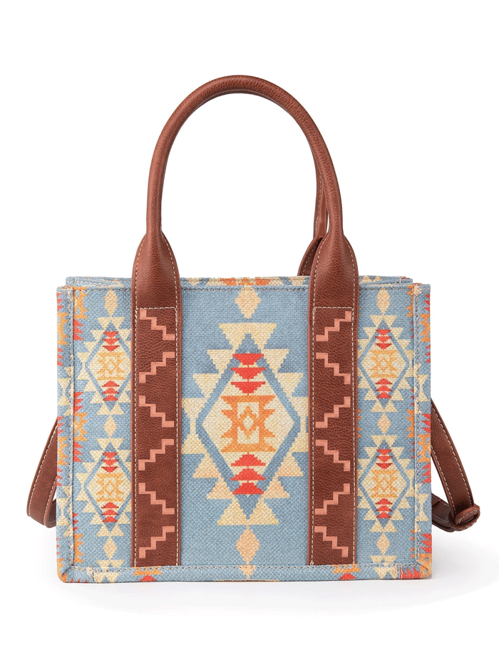 Wrangler WG2202-8120SBR Womens Southwestern Print Small Canvas Crossbody Tote Brown Light Blue front view. If you need any assistance with this item or the purchase of this item please call us at five six one seven four eight eight eight zero one Monday through Saturday 10:00a.m EST to 8:00 p.m EST

