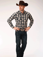 Roper 1-01-101-6016 Mens Long Sleeve Snap Plaid Western Shirt Navy alternate front view. If you need any assistance with this item or the purchase of this item please call us at five six one seven four eight eight eight zero one Monday through Saturday 10:00a.m EST to 8:00 p.m EST