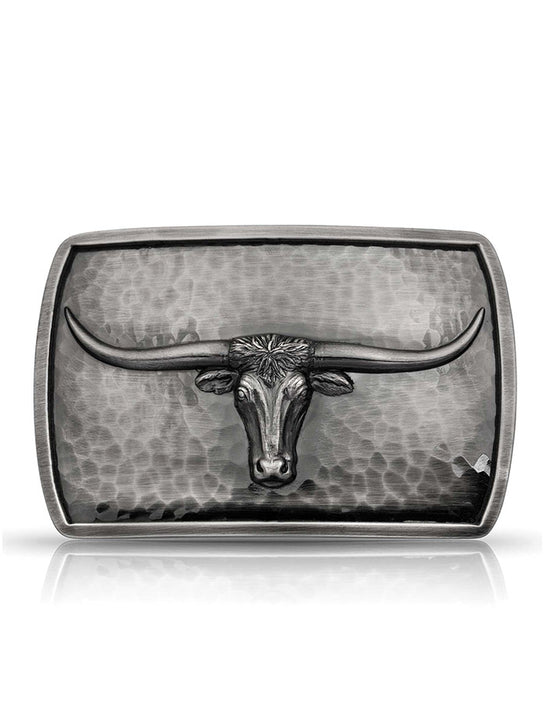 Montana Silversmiths 40010NBB-767H River Rock Cascade Longhorn Buckle Gunmetal Grey front view. If you need any assistance with this item or the purchase of this item please call us at five six one seven four eight eight eight zero one Monday through Saturday 10:00a.m EST to 8:00 p.m EST