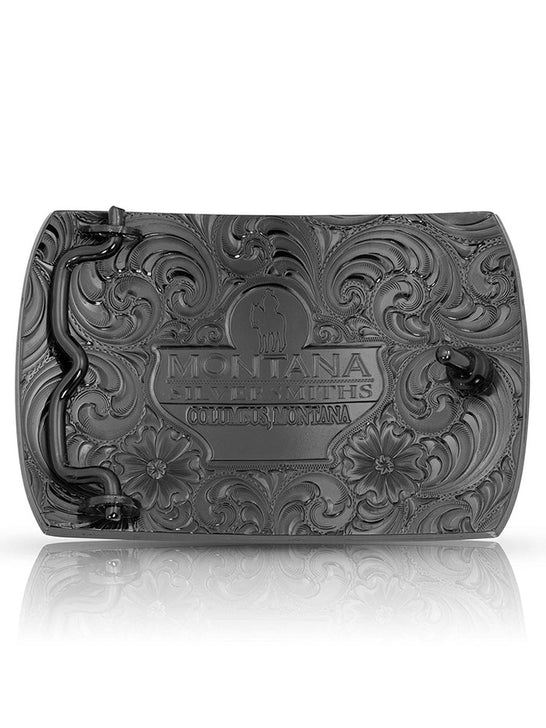 Montana Silversmiths 40010NBB-767H River Rock Cascade Longhorn Buckle Gunmetal Grey back view. If you need any assistance with this item or the purchase of this item please call us at five six one seven four eight eight eight zero one Monday through Saturday 10:00a.m EST to 8:00 p.m EST