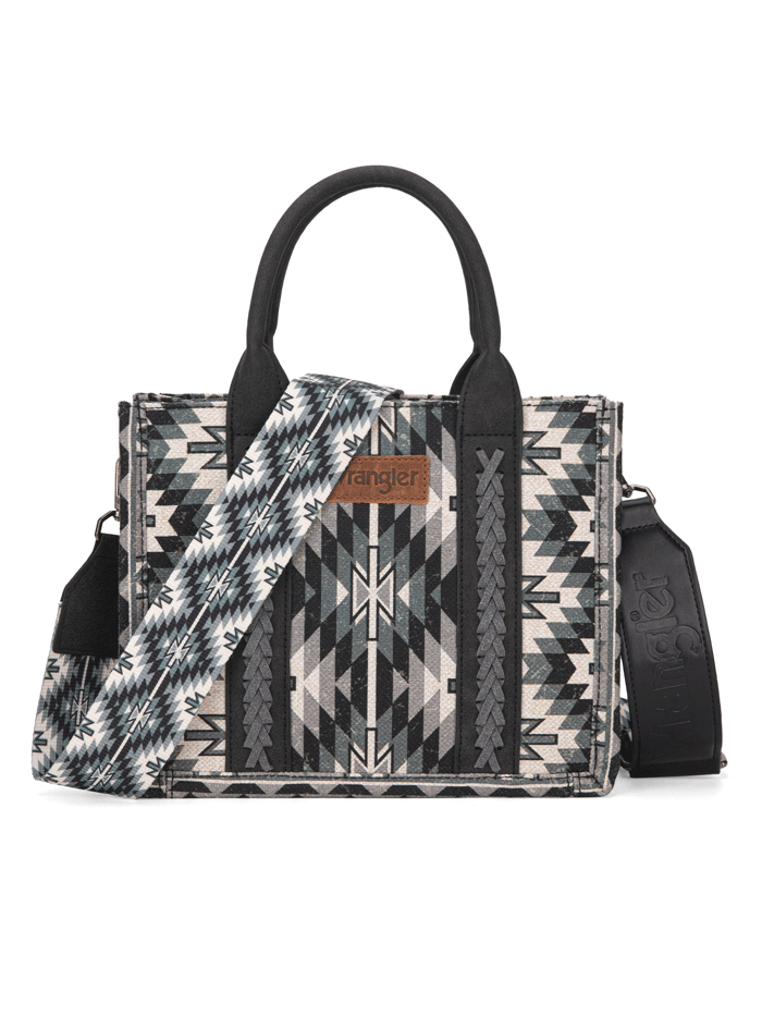 Wrangler WG2213-8120SBK Womens Southwestern Pattern Dual Sided Print Tote Crossbody Bag Black front and side view. If you need any assistance with this item or the purchase of this item please call us at five six one seven four eight eight eight zero one Monday through Saturday 10:00a.m EST to 8:00 p.m EST

