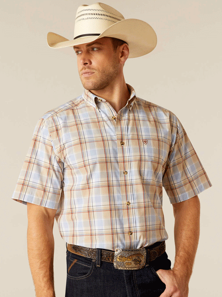 Ariat 10048429 Mens Pro Series Denzel Classic Fit Short Sleeve Shirt Beige front view. If you need any assistance with this item or the purchase of this item please call us at five six one seven four eight eight eight zero one Monday through Saturday 10:00a.m EST to 8:00 p.m EST