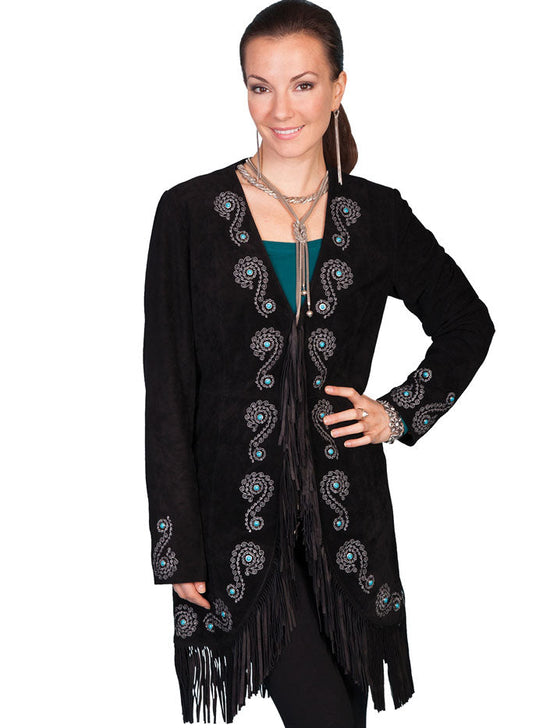 Scully L165-19 Womens Fringe Embroidered Suede Coat Black front view on model. If you need any assistance with this item or the purchase of this item please call us at five six one seven four eight eight eight zero one Monday through Saturday 10:00a.m EST to 8:00 p.m EST 