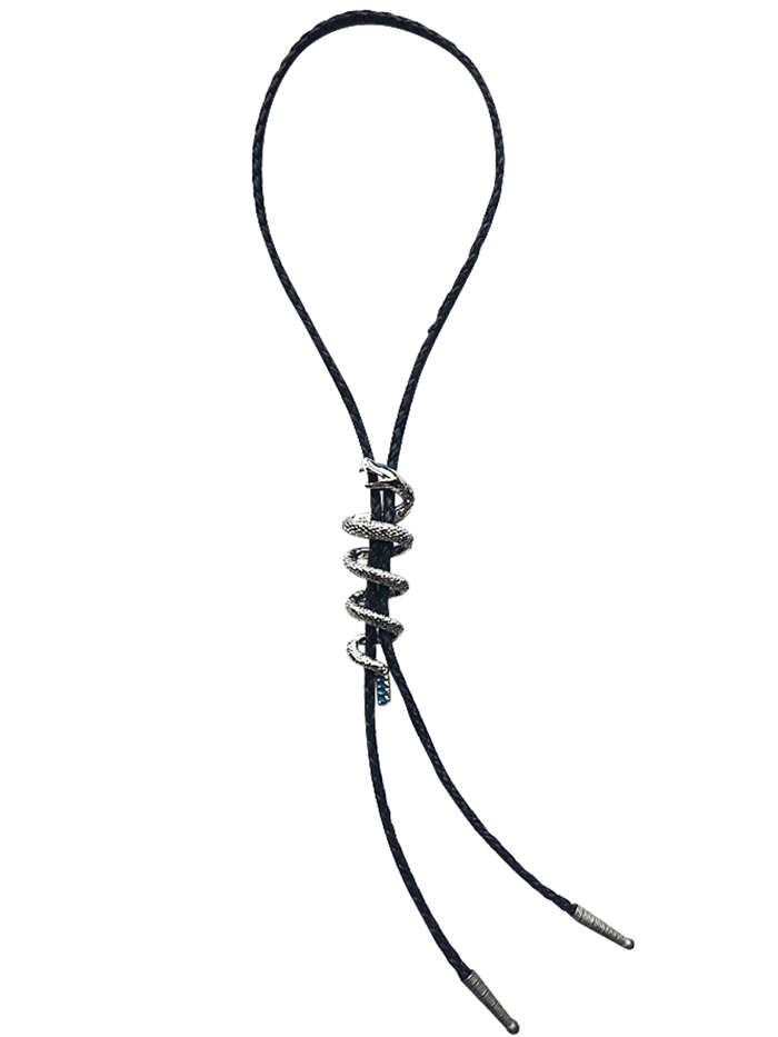 Rockmount 42399 Rattlesnake Western Bolo Tie Silver Turquoise close up. If you need any assistance with this item or the purchase of this item please call us at five six one seven four eight eight eight zero one Monday through Saturday 10:00a.m EST to 8:00 p.m EST