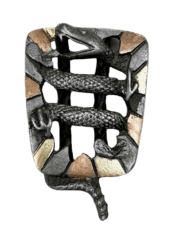 Rockmount 43739 Rattlesnake Western Bolo Tie Tri Color close up. If you need any assistance with this item or the purchase of this item please call us at five six one seven four eight eight eight zero one Monday through Saturday 10:00a.m EST to 8:00 p.m EST