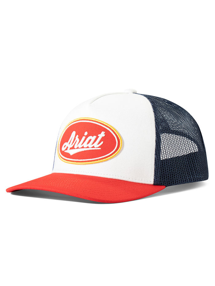 Ariat A3000877121 Oval Patch Cap White And Navy side / front view. If you need any assistance with this item or the purchase of this item please call us at five six one seven four eight eight eight zero one Monday through Saturday 10:00a.m EST to 8:00 p.m EST 