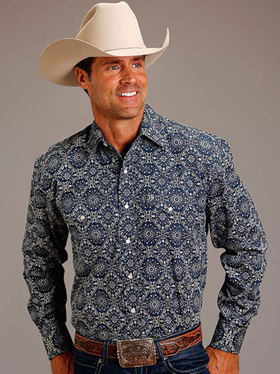 Stetson 11-001-0425-4011 Mens Bandana Medallion Western Shirt Blue front view. If you need any assistance with this item or the purchase of this item please call us at five six one seven four eight eight eight zero one Monday through Saturday 10:00a.m EST to 8:00 p.m EST