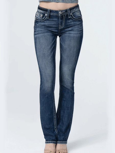 Miss Me M9262SB Womens Spring Bloom Slim Bootcut Jeans Dark Wash full front view. If you need any assistance with this item or the purchase of this item please call us at five six one seven four eight eight eight zero one Monday through Saturday 10:00a.m EST to 8:00 p.m EST