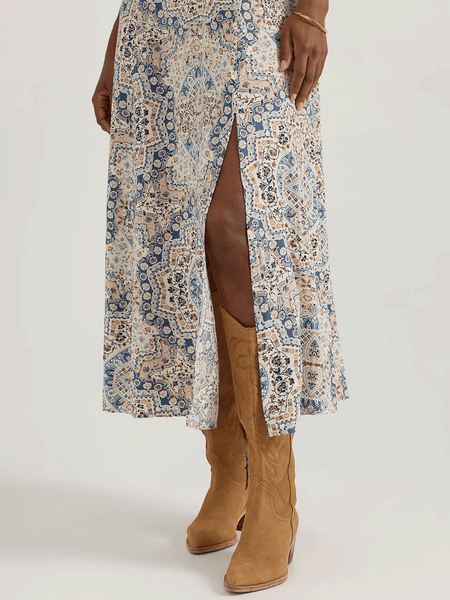 Wrangler 112361136 Womens Western Tank Maxi Dress Cream Retro Blue leg opening close up. If you need any assistance with this item or the purchase of this item please call us at five six one seven four eight eight eight zero one Monday through Saturday 10:00a.m EST to 8:00 p.m EST